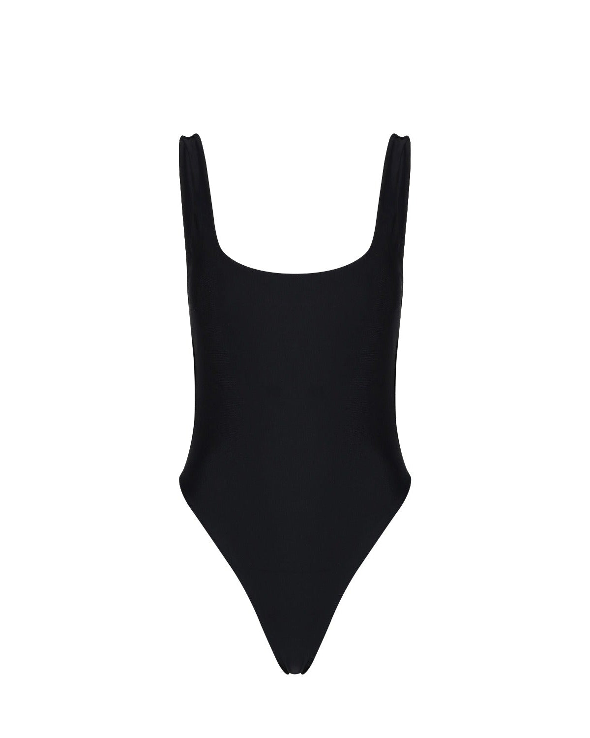 A solid black one-piece swimsuit with a square neckline and low back design.