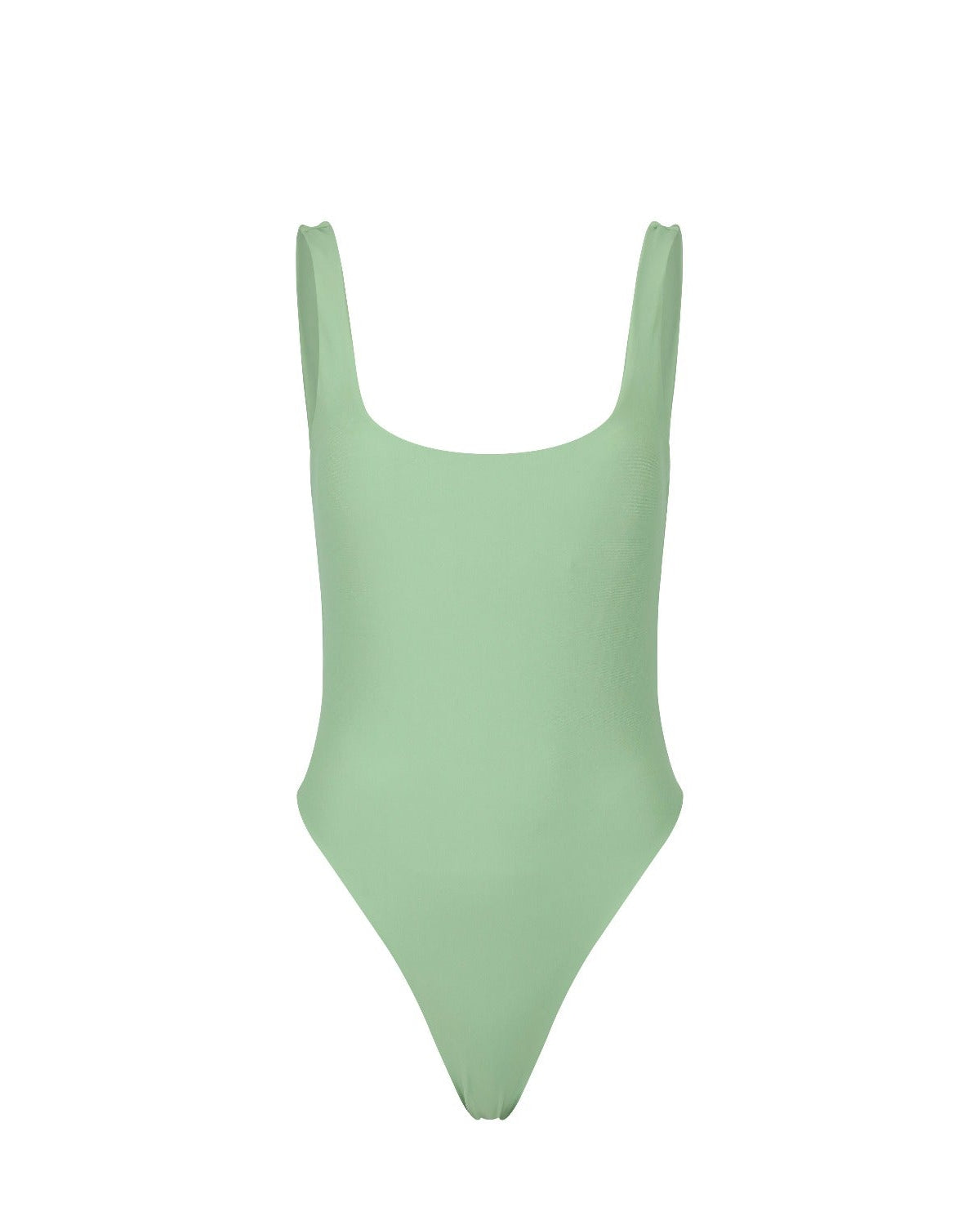 A solid sage green one-piece swimsuit with a square neckline, high-leg cut, and low back.