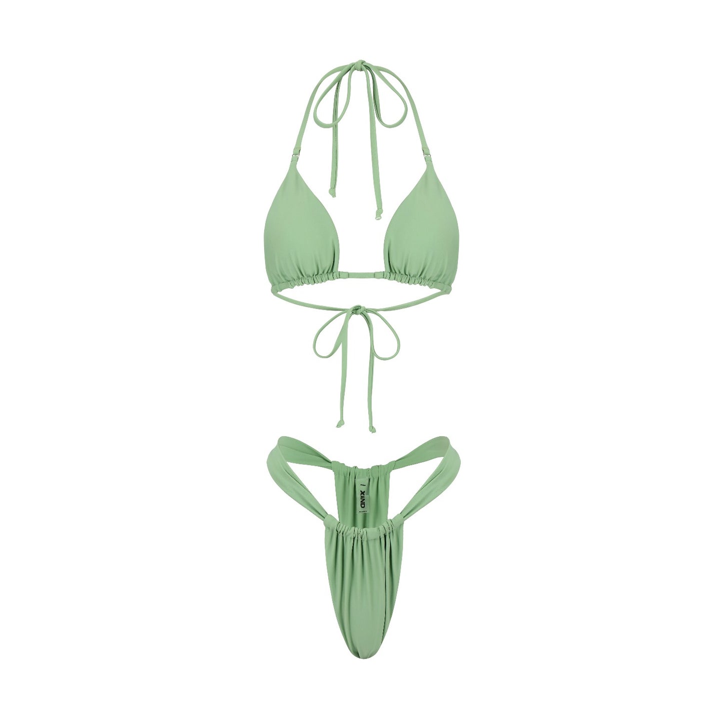 A sage green bikini set including a tie-top bikini and matching bottoms.