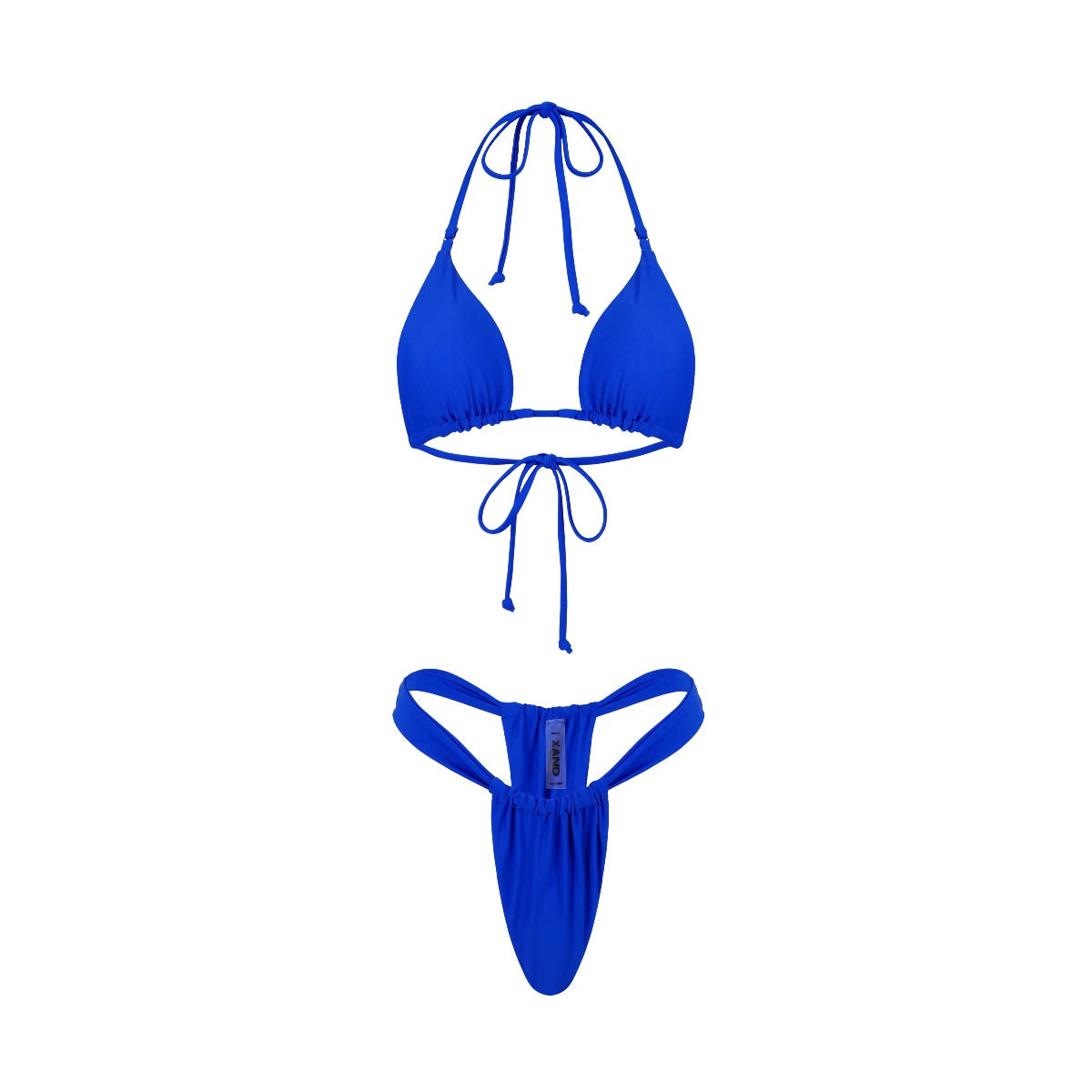 A cobalt blue bikini set including a tie-top bikini and matching bottoms.