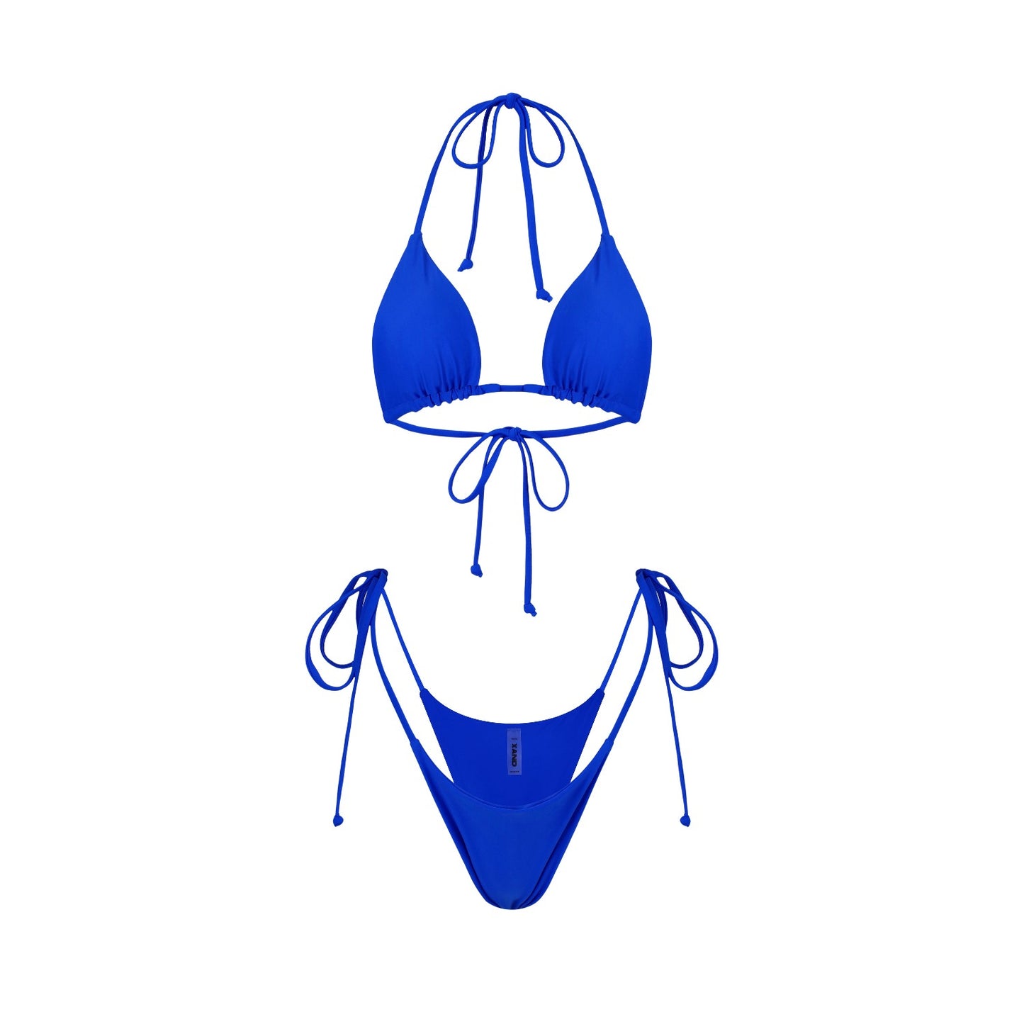 A cobalt blue bikini set with tie-side bottoms and a classic triangle top.