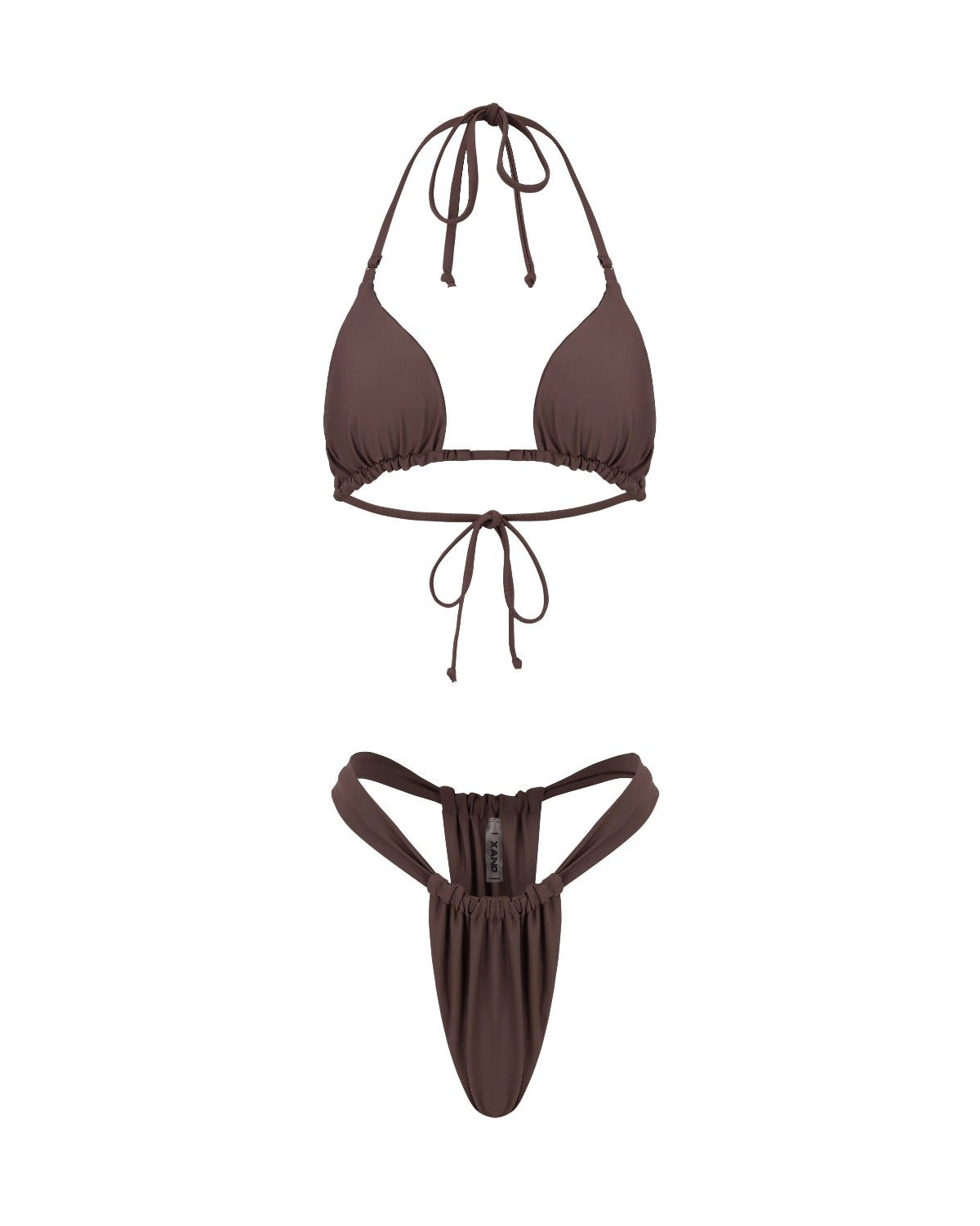 A coffee brown bikini set including a tie-top bikini and a matching bottom.