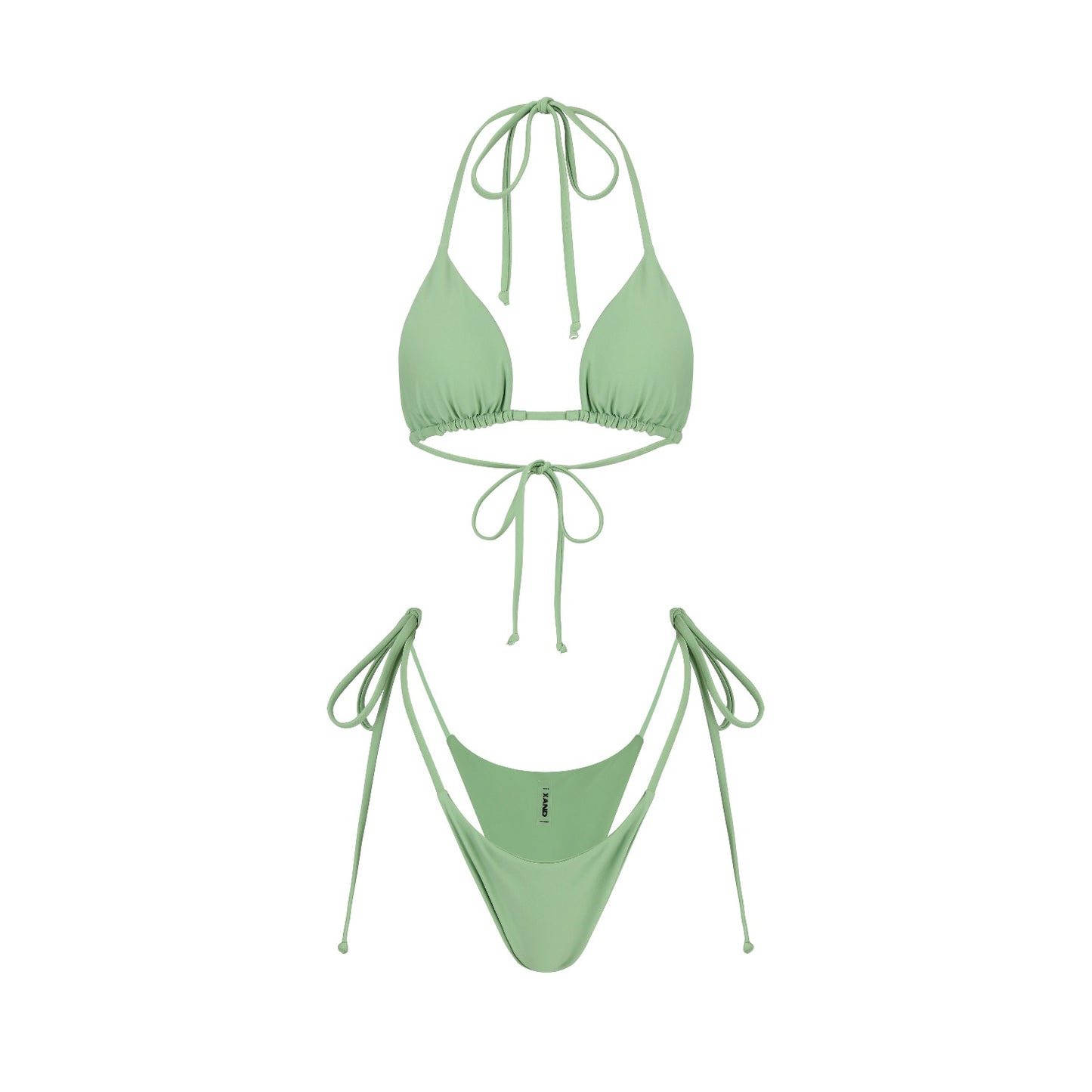 A bikini set in sage green color with tie-side bottoms and a halter neck top.