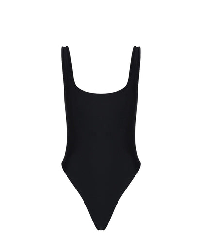 A solid black one-piece swimsuit with a square neckline and low back design.