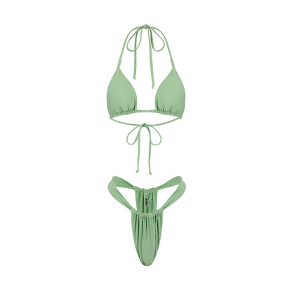 A sage green bikini set including a tie-top bikini and matching bottoms.