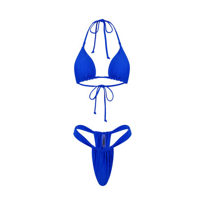 A cobalt blue bikini set including a tie-top bikini and matching bottoms.