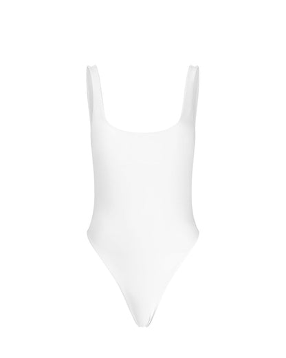 A solid white one-piece swimsuit with a square neckline and a low back.