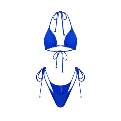 A cobalt blue bikini set with tie-side bottoms and a classic triangle top.