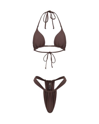 A coffee brown bikini set including a tie-top bikini and a matching bottom.