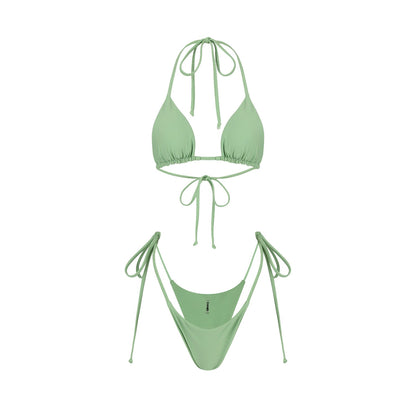 A bikini set in sage green color with tie-side bottoms and a halter neck top.